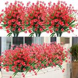 Morttic 12 Bundles Artificial Fake Camellia Flowers Outdoor UV Resistant Shrubs Plants Faux Plastic Greenery for Indoor Outside Hanging Plants Garden Porch Window Box Home Wedding Decor (Red)
