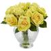 Nearly Natural 9 in. Rose Artificial Floral Arrangement in Elegant Glass Vase - Green