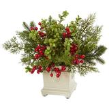Nearly Natural Holiday Berry and Pine Artificial Flower Arrangement Green/Red