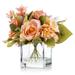 Enova Home Mixed Artificial Silk Pink Roses and Hydrangea Flowers Arrangement in Cube Glass Vase with Faux Water For Home Office Decoration