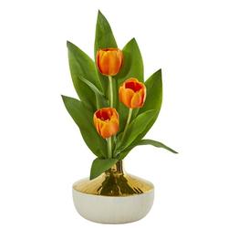 Nearly Natural 18in. Tulip Artificial Arrangement in Gold and Cream Elegant Vase