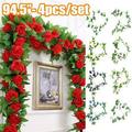 4Pcs Fake Rose Garland Artificial Silk Flower Vines Hanging Floral Garland Rose Garlands Rose Vines Leaves Rose Flower Wedding Flowers String Party Arch Garden Decor