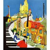 Cartoon Fantasy showing children climbing a piano key staircase up to a musical instrument castle. Poster Print by F.S. Cooke (18 x 24)