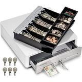 Mini Cash Register Drawer for Point of Sale (POS) System with Round Edges - White Stainless Steel Front Fully Removable 2-Tier 4 Bill 5 Coin Cash Tray 24V RJ11/RJ12 Key-Lock Media Slot