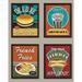 Retro Hot Dogs French Fries Milkshakes Hamburgers; Bright & Fun Set of Four 8 by 10-Inch Framed Fine Art Prints; Ready to hang! Orange/Yellow/Teal