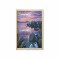 Nautical Wall Art with Frame Natural Theme Sunset in Lake Tahoe from California with Rocks and Snow Printed Fabric Poster for Bathroom Living Room 23 x 35 Dark Grey and Mauve by Ambesonne