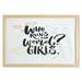 Feminist Wall Art with Frame Inspirational Feminist Phrase Who Runs the World Girls with Doodle Lines Zigzags Printed Fabric Poster for Bathroom Living Room 35 x 23 Multicolor by Ambesonne