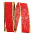 Reliant Ribbon - 3222M-065-09F Burlap Wired Edge-gold Edge Ribbon Red 1-3/8 Inch 10 Yards