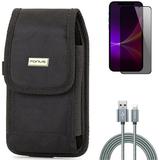 10ft USB Cable & Privacy Screen Protector & Case Belt Clip for iPhone 13 Pro Max ONLY - Charger Cord Power Wire + Tempered Glass Curved Anti-Spy + Rugged Holster Canvas Combo