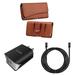 Holster and Wall Charger Bundle for Samsung Galaxy S21 FE 5G: Executive PU Leather Magnetic Belt Pouch Case (Brown) and UL Certified 18W Dual USB Port (Type-C & USB-A) Power Adapter