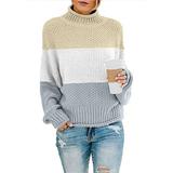 Ydkzymd Neck Sweater for Women Lightweight Long Sleeve Oversized Tunic Graphic Color Block Western Striped Crew Neck Chunky Plus Size Blouses Pullover Knitted Ribbed Jumper Top Gray M
