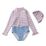 URMAGIC 1-7 Kids Girls Long Sleeve One Piece Rashguard Zip Up Swimsuit+Swim Hat Bathing Suit