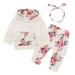 KIMI BEAR Newborn Baby Girls Outfits 9 Months Newborn Girls Autumn Winter Outfits 12 Months Newborn Girls Casual Floral Print Pocket Hoodie + Pants + Headband 3PCs Set White