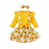Canrulo Toddler Baby Girl Fall Clothes Ruffle Long Sleeve Ribbed T-Shirt Top Floral Suspender Skirt Headband 3Pcs Outfits Yellow 1-2 Years