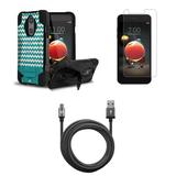 Beyond Cell Dual Layer Shockproof Stand Case (Teal Chevron) for LG Tribute Empire with Tempered Glass Screen Protector Heavy Duty Braided Micro USB Cable (9 Feet) and Atom Cloth