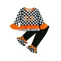 Calsunbaby Halloween Kids Toddler Girls 2Pcs Clothes Sets Checkerboard Print Long Sleeve Mesh Yarn Tops Flared Trousers Orange 4-5 Years