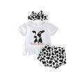 Karuedoo Infant Baby Girl Clothes Cow Print Tassel Short Sleeve T-shirt Shorts Headband Outfits White 0-6 Months