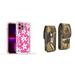 Case and Pouch Bundle for iPhone 14: Heavy Duty Armor Rugged Case (White Flowers on Pink) and Vertical Rugged Nylon Belt Holster (Camo)