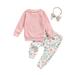 Bagilaanoe 2pcs Newborn Baby Girl Long Pants Set Long Sleeve Ribbed T Shirts Tops + Floral Print Trousers + Headband 6M 12M 18M 24M Infant Fall Casual Outfits