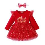 6M-4T Toddler Baby Girls Long Sleeve Merry Christmas Dress Tutu Tulle Party Princess Dress Xmas Wedding Formal Dresses