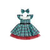 LWXQWDS 2Pcs Toddler Baby Girls Christmas Dresses Fly Sleeve Plaids Tutu Dresses Headband Princess Party Clothes Lake Green 4-5 Years