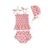 Multitrust 3Pcs Baby Girls Swimwear Pink Heart Print Frilly Tank Tops + Shorts + Hat Swimsuit