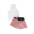 3 Pcs Toddler Baby Girl Summer Outfit Sleeveless Knitted Ribbed Tank Top Shorts Pants with Belt Bag Clothes Set