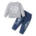 KIMI BEAR Toddler Boys Outfits 4T Toddler Boy Autumn Outfits 5T Toddler Boy Casual MAMA S LITTLE BOY Letter Print Long Sleeve T-Shirt + Ripped Denim Pants 2PCs Set Gray