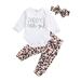 Xingqing Baby Girls Outfits Sets Letter Printed Romper Shirt Top Leopard Pant Headband 3pcs Set 12-18 Months