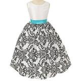White with Black Velvet Special Occasion Dress w/ Turquoise Sash Girl 2