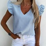 Short Sleeve Shirts for Women Summer Casual Loose Fit Stripe Solid Tunic Tee ruffled Sleeve V Neck Blouse