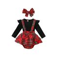 ZAXARRA Newborn Girl 3Pcs Outfits Long Sleeve Round Neck Pullover + Plaid Pattern Ruffles Suspender Short Pants + Decorative Hairband