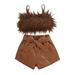 wybzd Kid Girl Shorts Sets Outfits Clothes for Teenager Sleeveless Plush Decor Sling Tops Elastic Waist Shorts with Belt Set Brown 5-6 Years