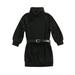 Sunisery Kids Baby Girls Casual Dress Knitted High-Neck Long Sleeve Turtleneck Dress with Waist Belt Black 3-4 Years