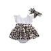 Douhoow 0-2Y Baby Girl Jumpsuit Splicing Leopard Print O-Neck Backless Romper Hairband