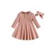 Qmyliery Toddler Baby Girls Knitted Dress Ribbed Solid Color Long Sleeve Dress Suit