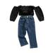 wybzd Girls Fall Fuzzy Patchwork Off Shoulder Long Sleeve Crop Tops +Long Jeans with Pockets 2PCS Set 1-5 Years
