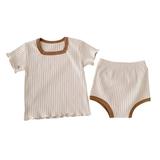 Rovga Toddler Baby Boys Girls Ribbed Patchwork Short Ruffle Sleeve T-Shirt Blouse Tops Cotton Shorts Pants Sleepwear Pajamas Outfit Set 2Pcs Clothes Casual Children Clothing