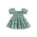 Eyicmarn Baby Girls Summer Dress Short Sleeve Printed Ruffled Square Neck Ruched Dress Toddler Girls High Waist Knee-Length One-Piece