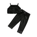 WakeUple 1-5Y Little Girls Summer Clothes Sets 2pcs Sling Straps Solid Fluffy Sleeveless Crop Tops PU Leather Pants