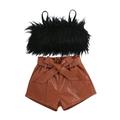 Canrulo Toddler Baby Girls Summer Outfits Strap Fluffy Fur Cropped Tank Top PU Leather Shorts Pants 2PCS Clothes Black 3-4 Years