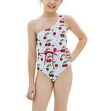 Toddler Girls One-shoulder Swimsuits Fruit Cherry Print One Shoulder Bodysuit High Waist Beachwear