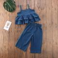 Musuos Girl Denim Sleeveless Ruffled Camisole + High Waist Wide Leg Pants