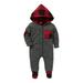 KIMI BEAR Infant Boys Rompers 18 Months Infant Boy Autumn Bodysuits 24 Months Infant Boy Casual Checked Stitching Hooded Open Chest Long Sleeve Jumpsuits Gray Red