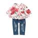 KIMI BEAR Infant Baby Girls Outfits 18 Months Infant Girls Autumn Winter Outfits 24 Months Infant Girls Sweet Rose Print Long Sleeve Top + Denim Pants 2PCs Set Pink