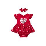 Newborn Girl Valentine s Day Outfits Fly Sleeve Heart Letter Printed Patchwork Playsuit + Bow-Knot Headband Set