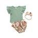 Izhansean 3Pcs Newborn Baby Girl Romper Knitted Ruffle Jumpsuit Floral Shorts Headband Set Green 12-18 Months