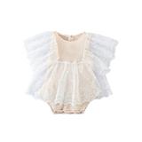 Canrulo Newborn Baby Girls Knit Romper Dress Cute Lace Sleeve Ruffles Bodysuit Princess Tutu Dress Patchwork Dress Khaki 3-6 Months