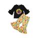 IZhansean 2Pcs Set Kids Toddler Baby Girl Outfits Sunflower T-Shirt Top+Floral Flared Pants Fall Clothes Yellow Black 3-4 Years