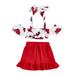 Canrulo Little Girls 3PCS Summer Lovely Clothes Short Sleeve Sling Off Shoulder Floral Printed Top Ruffle Hem Skirt Sets Red 3-4 Years